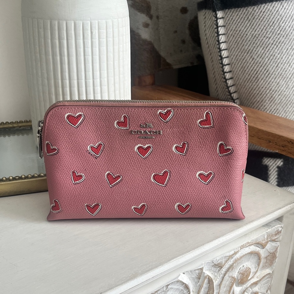 Coach Pink Heart Print Zip Cosmetic Pouch